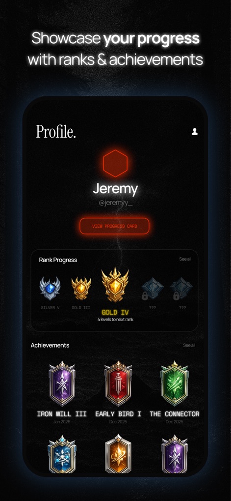 DAWG - Discipline & Motivation - The 'Profile' section proudly displays 'Rank Progress' like 'GOLD IV' and a collection of earned 'Achievements' such as 'Iron Will III', celebrating user milestones.