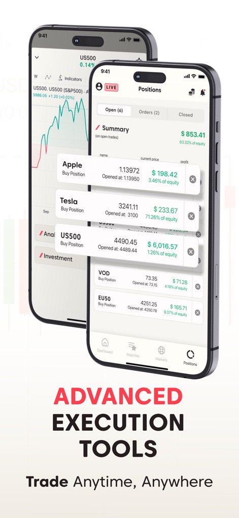 Axi Trading Platform - Die App bietet eine klare Übersicht über offene Positionen für Werte wie Apple und Tesla, zusammen mit einer transparenten Zusammenfassung der gesamten Einlagen.