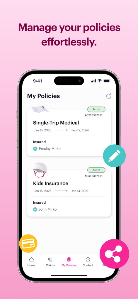 Goose Insurance - Os usuários podem gerenciar suas apólices ativas, como "Single-Trip Medical" e "Kids Insurance", visualizando facilmente seus detalhes e datas de validade, com ícones para edição e compartilhamento.