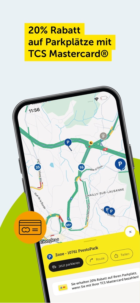 TCS - Touring Club Schweiz - This tool highlights parking locations on the map and informs users about exclusive discounts when paying with their TCS Mastercard®.