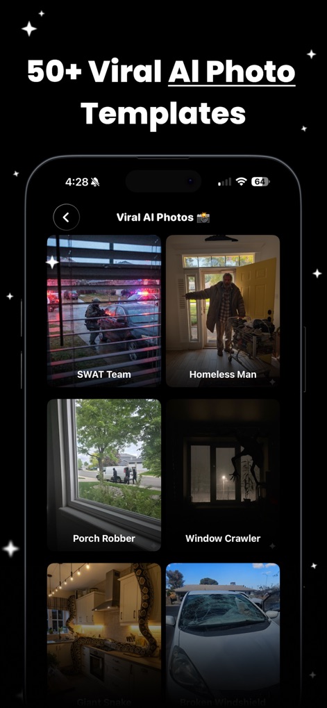 Menace: AI Photo Video Editor - Explore the app's extensive library of over 50 viral AI photo templates, featuring trending scenarios such as 'SWAT Team' and 'Window Crawler'.