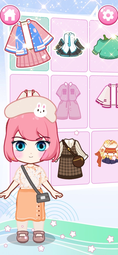 Doll Dress Up: Makeup Games - La imagen presenta a una muñeca elegantemente vestida con una boina y un bolso, rodeada de un variado armario con chaquetas y vestidos únicos.