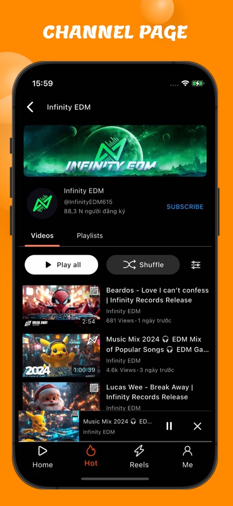 OneTube: Music & Video Player - Explore dedicated channel pages, featuring a distinctive channel banner and tabs to navigate between 'Videos' and 'Playlists' from a creator.