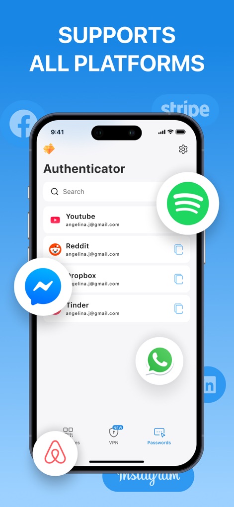 BlazeAuth - MFA Authenticator - Los usuarios se benefician de una amplia compatibilidad, que se evidencia en la lista de aplicaciones dentro de la interfaz del autenticador, incluyendo YouTube y Reddit, y se refuerza con los numerosos logos flotantes de plataformas populares como Facebook y Instagram.