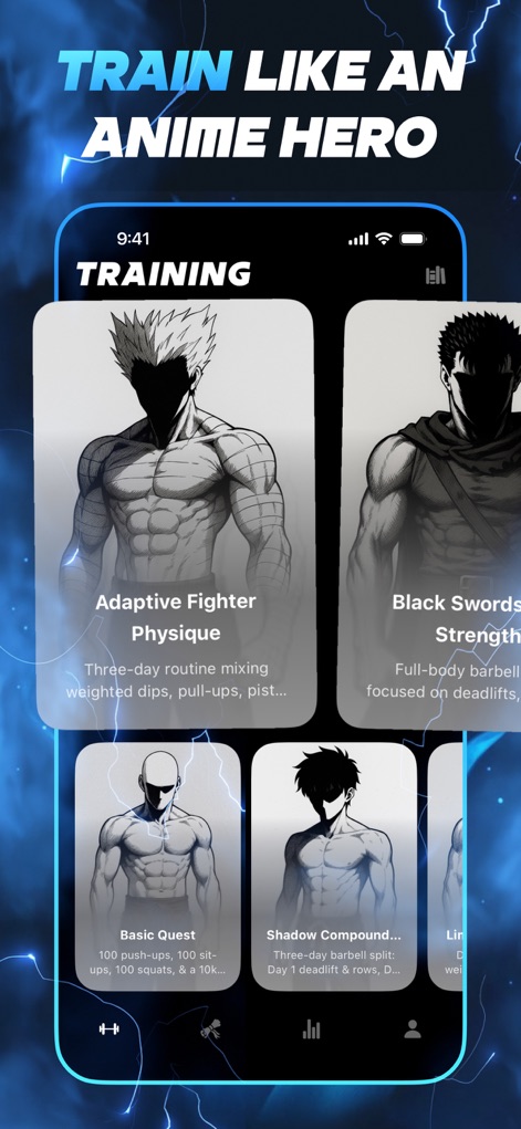 Arise: Level Up In Real Life - Observe the app's collection of anime-inspired workout plans, such as "Adaptive Fighter Physique," accompanied by stylized character art to motivate users.