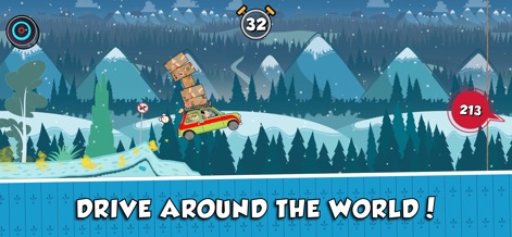 Mr Bean - Special Delivery - Users navigate diverse landscapes, such as the snowy mountain environment, while keeping an eye on the crucial in-game timer and score.