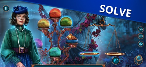 Mystery Files: Hidden Objects - Tackle intricate brain teasers and puzzles, featuring visual elements such as weighted scales and numbered colorful spheres to challenge players.