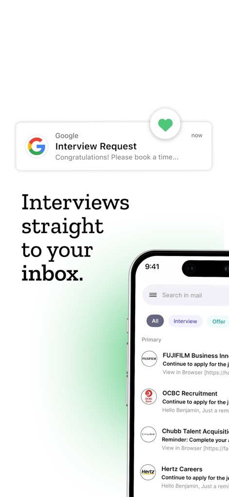 Sorce - AI Job Search - The app simplifies interview scheduling by routing "Interview Request" notifications directly to the user's inbox, showing communications from companies like "FUJIFILM" and "Chubb Talent Acquisition".