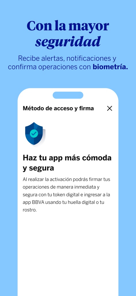 BBVA Colombia | Banca Móvil - Die App betont höchste Sicherheit durch biometrische Authentifizierung, dargestellt durch ein Schild-Symbol und die Erwähnung der Möglichkeit, sich mit „Huella digital o tu rostro“ anzumelden.