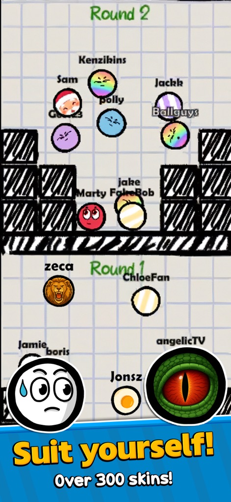 Ball Guys : Stumble & Fall - Observe the diverse collection of character skins, like the vibrant rainbow design and the regal lion head, across intense multi-round battles.