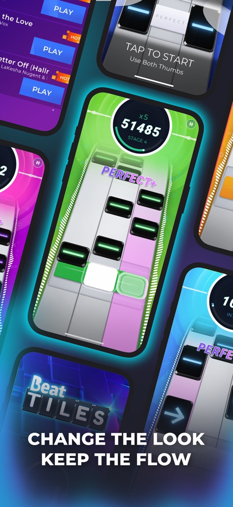 Beat Tiles: Music Game - Observe the visual flexibility of the app, demonstrating customizable tile appearances and dynamic background color schemes that users can adjust to their preference.