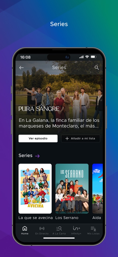 Mediaset Infinity España - Users can delve into an extensive library of engaging Spanish series, with prominent titles like 'Pura Sangre' and scrollable recommendations.