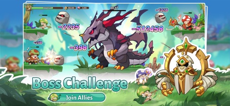 Legend of Mushroom - Dieses Bild hebt den spannenden Kampf gegen den riesigen Drachen-Boss hervor und beeindruckt mit den hohen, sichtbaren Schadenszahlen, die die Intensität der Begegnung zeigen.