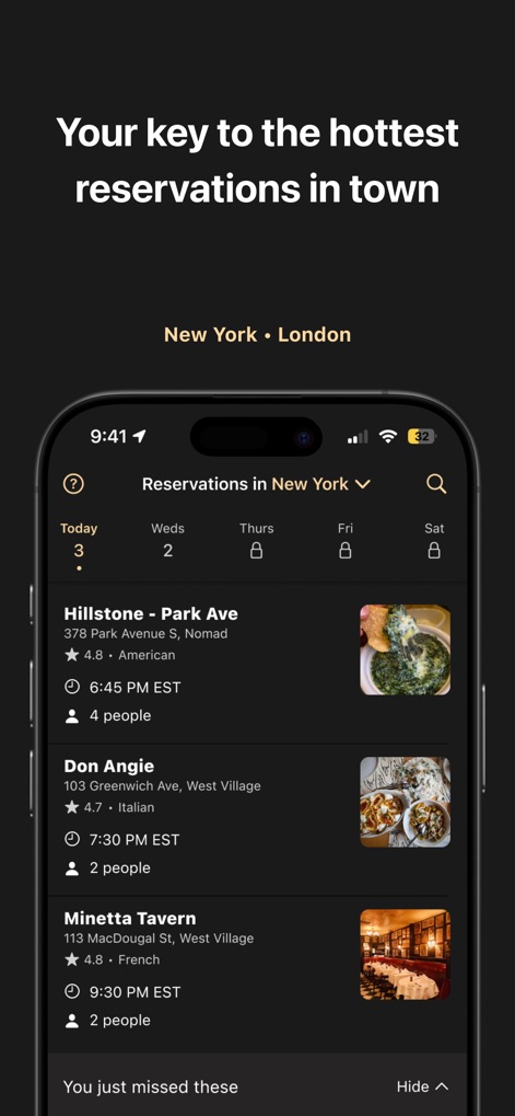 ResX - Users can easily browse a curated list of popular restaurants and view essential details like reservation times and party sizes for last-minute opportunities.