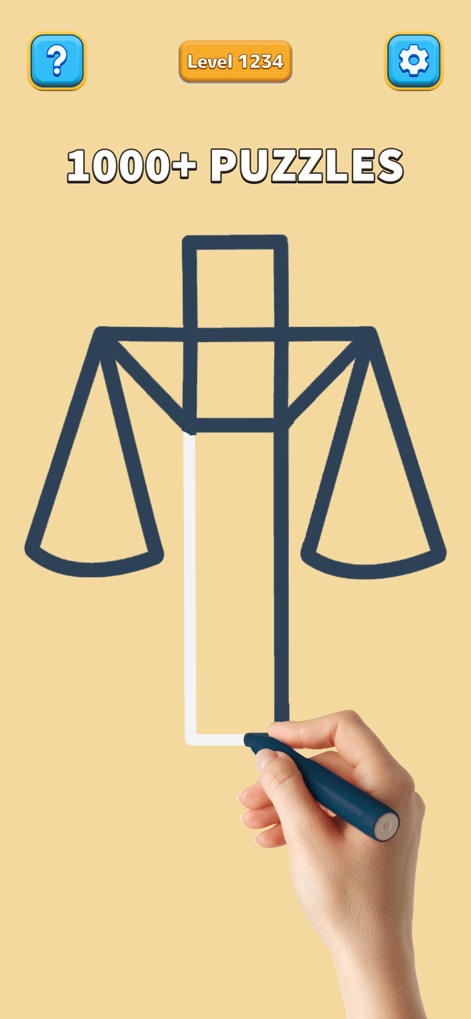 One Line: Drawing Puzzle Game - The app proudly displays its vast content with the prominent '1000+ Puzzles' text, inviting users to explore an extensive collection of intricate drawings like the visible scales.