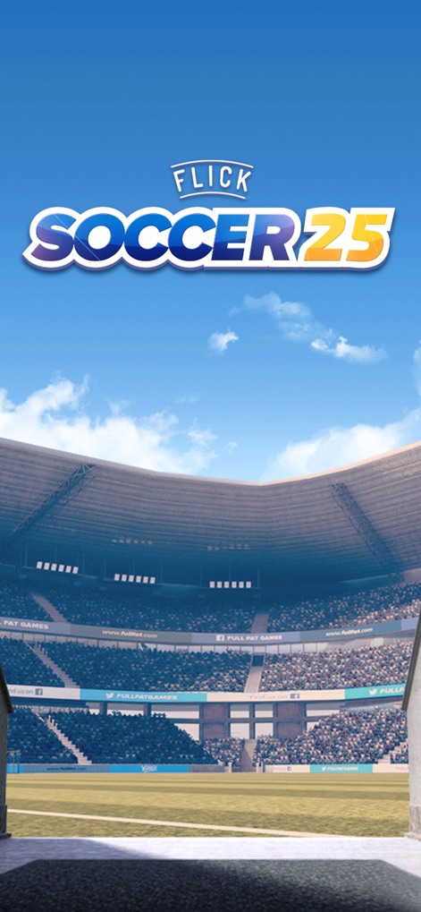 Flick Soccer 25 - Esta captura de tela dá as boas-vindas aos usuários, apresentando o majestoso estádio de futebol e um céu azul limpo, criando um ambiente imersivo logo de início.