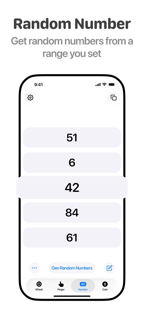 Tiny Decisions - O aplicativo oferece uma ferramenta para gerar números aleatórios, exibindo os resultados de forma clara e a opção de gerar novos números com um clique.