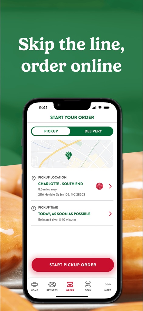 Krispy Kreme ® - This section demonstrates the streamlined ordering process, allowing users to toggle between 'Pickup' and 'Delivery' and easily select a shop location using the integrated map.