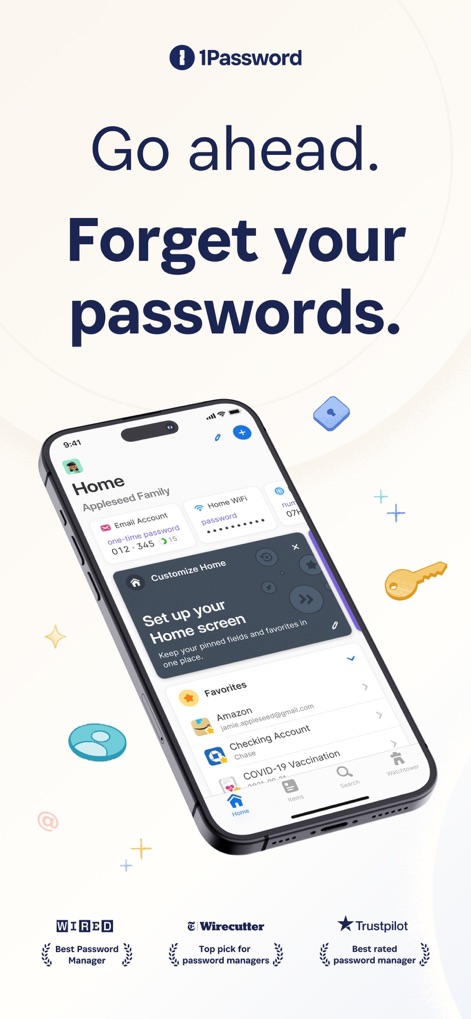1Password: Password Manager - このスクリーンショットは、ユーザーがホーム画面をカスタマイズできることを示しており、「Appleseed Family」のボールトと「Favorites」セクションから主要な情報に素早くアクセスできます。