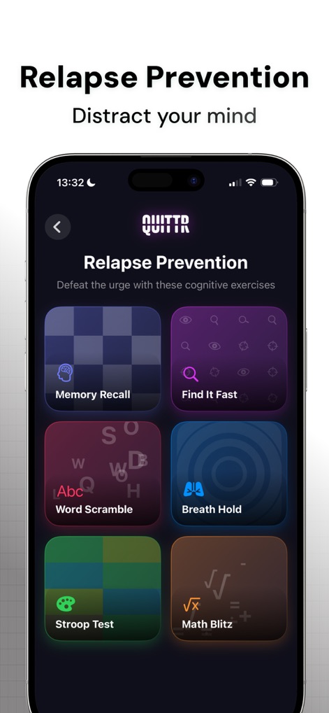 QUITTR - Break Free Now - Explore the "Relapse Prevention" section, offering engaging "cognitive exercises" like "Memory Recall" and "Math Blitz" to distract and re-focus the mind.