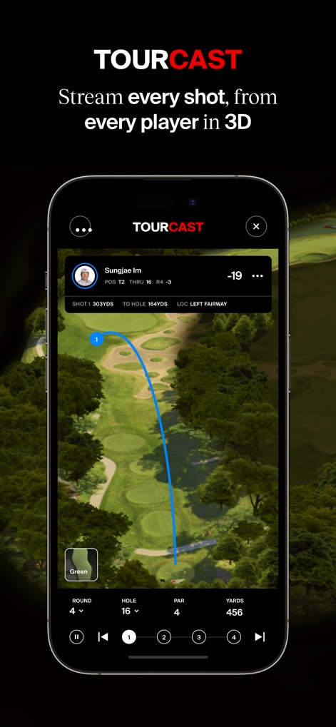 PGA TOUR - The "TOURCAST" feature provides an immersive 3D shot tracking experience, detailing each player's "shot distance" and "remaining yardage" to the hole.