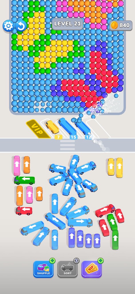 Bubble Bus: Parking Jam Puzzle - カラフルなバブルの消滅エフェクトが表現されており、同時に多くの青いバスが配置された駐車パズルも確認できます。