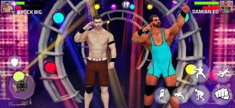 Real Wrestling : Fighting Game - 이 앱은 "BROCK BIG"과 "DAMIAN ED"와 같은 개성 넘치는 레슬러들을 선보이며, 화려한 배경 조명이 이들의 위용을 더욱 돋보이게 합니다.