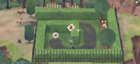 Snufkin Melody of Moominvalley - Snufkin navega por um labirinto verde de arbustos e cercas, enquanto remove um sinal de 'proibido' e observa outros avisos visuais.