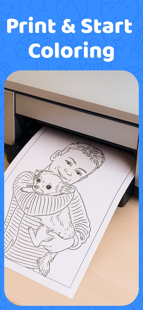 Sketchfy: Coloring Book Maker - Das Bild zeigt den praktischen Ausdruck eines fertigen Ausmalbildes, wie das Motiv eines Jungen mit Hund, direkt aus einem Drucker, bereit zum physischen Ausmalen.