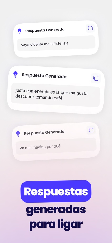 Liggo: Responder con IA - この画面では、「Respuesta Generada」というラベルの下に3つのユニークな回答候補が表示され、ユーザーはAIが提供する気の利いたフレーズを簡単に利用できます。