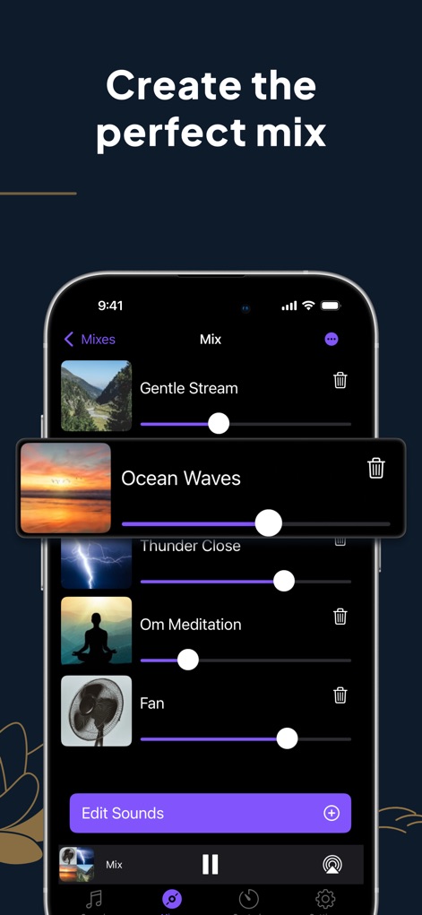 White Noise Deep Sleep Sounds - Los usuarios pueden personalizar su experiencia de audio combinando y ajustando sonidos como "Ocean Waves" y "Fan" a través de deslizadores individuales, visualizando una mezcla multi-capa.