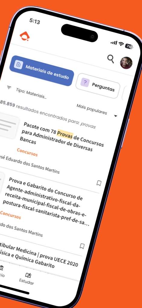 Passei Direto - App de Estudos - Esta tela detalha a funcionalidade de busca avançada do aplicativo, que permite filtrar por "Materiais de estudo" ou "Perguntas" e exibir resultados relevantes como "Pacote com 78 Provas de Concursos Bancários".