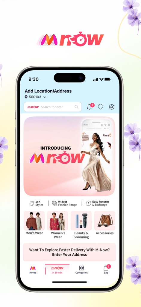 Myntra - Fashion Shopping App - Users can access the expedited M-NOW delivery service, which highlights its "Widest Fashion Range" and prompts for location input for quick service.