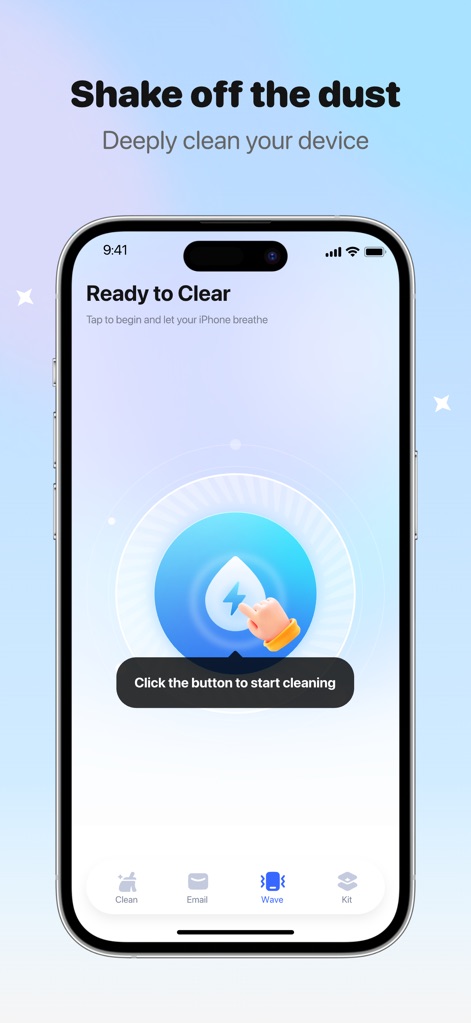 AI CleanKit: Phone Cleaner Pro - The Clear Wave functionality is designed for deep device cleaning, presenting a clear 'Ready to Clear' prompt and accessible through its dedicated wave icon in the navigation bar.
