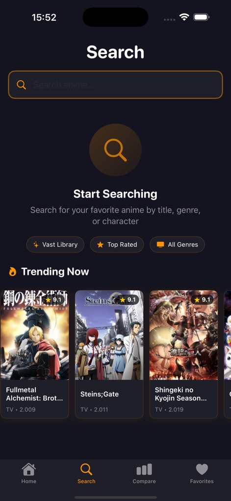 AnimeKai : Watch Anime - The app features a robust search interface with an instant results bar and convenient quick filter options like 'Top Rated' and 'All Genres' to find content rapidly.