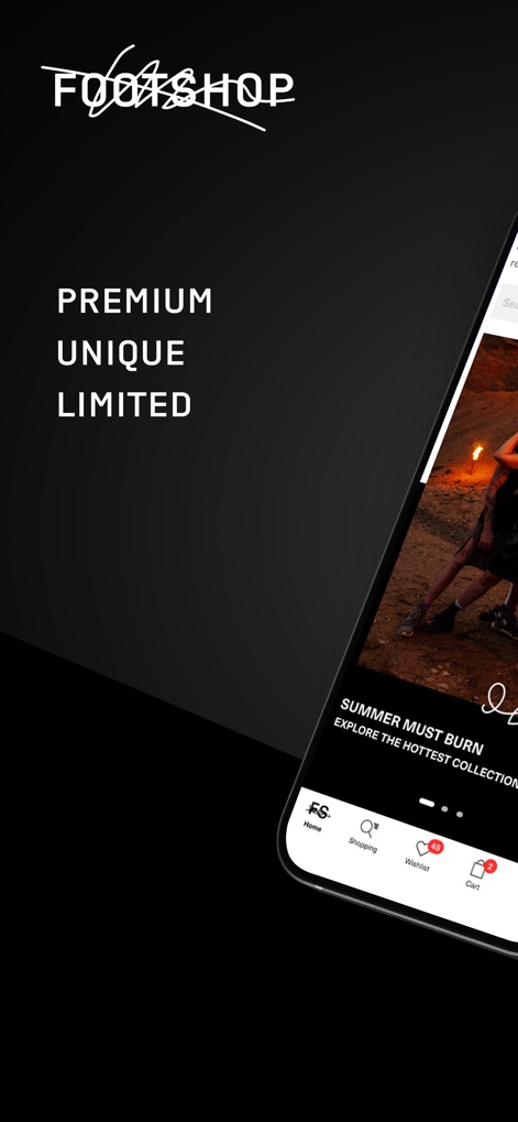 Footshop - The app introduces users to its exclusive streetwear collection with prominent branding and a streamlined bottom navigation for seamless browsing.