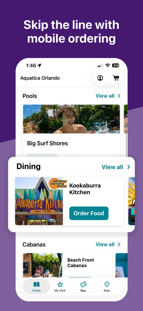 Aquatica - Users can conveniently browse dining options like Kookaburra Kitchen and utilize mobile food ordering to skip the lines.