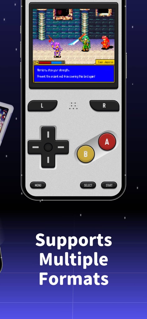 Game Emulator - RePlay - このエミュレータは様々なゲーム形式に対応しており、ユーザーは画面上で展開されるクラシックRPGの戦闘シーンと、正確に配置されたバーチャルDパッドとA/Bボタンで操作できます。