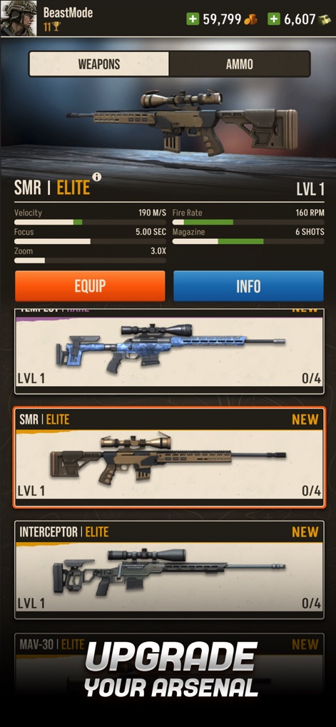 Sniper Battle: 3D Shooter Game - Cet outil offre une personnalisation poussée de l'équipement, comme le montrent les différentes variantes de fusils de précision et les statistiques détaillées des armes.