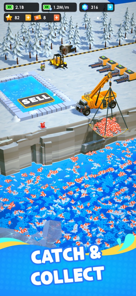 Seafood Inc - This visual demonstrates the initial seafood collection process, featuring a crane expertly scooping fish from the water and transporting them towards the dedicated 'SELL' area.