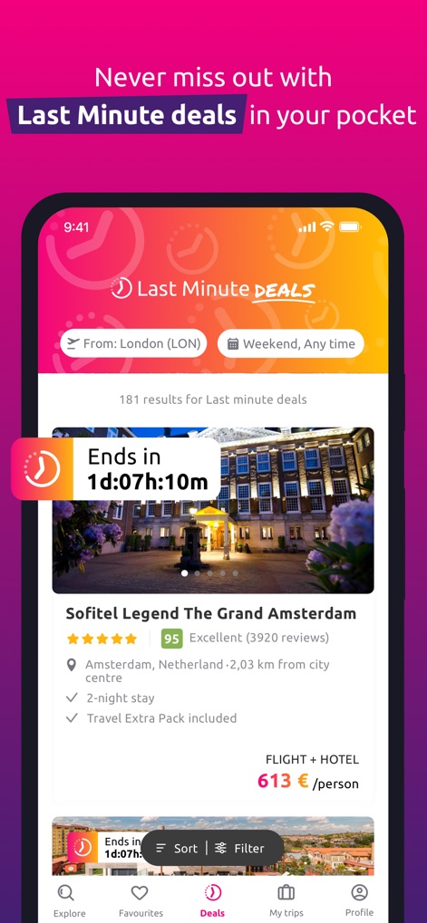 lastminute.com - Travel Deals - Discover limited-time opportunities within the dedicated 'Last Minute DEALS' tab, featuring a clear 'countdown timer' for urgent savings.
