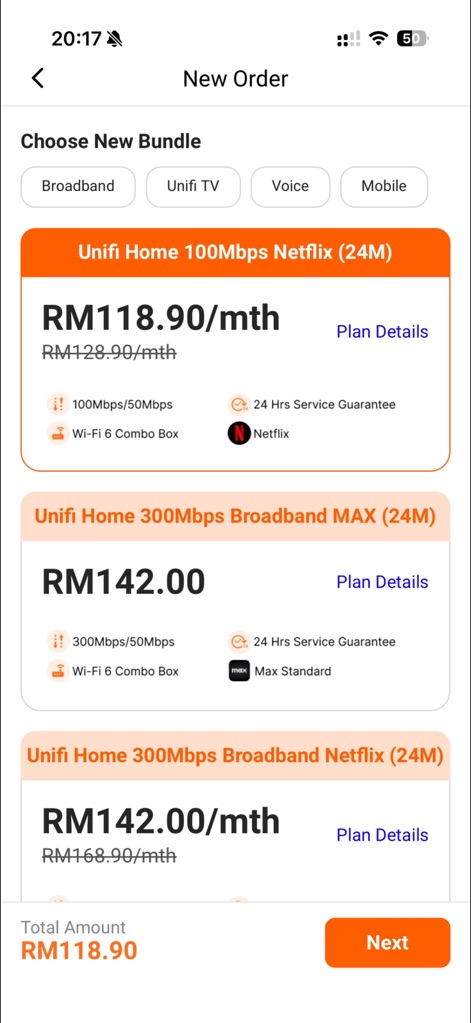 Unifi UniVerse - Los usuarios pueden explorar fácilmente nuevas opciones como el plan "Unifi Home 100Mbps Netflix (24M)" o el "Unifi Home 300Mbps Broadband MAX (24M)", con precios y características detalladas.