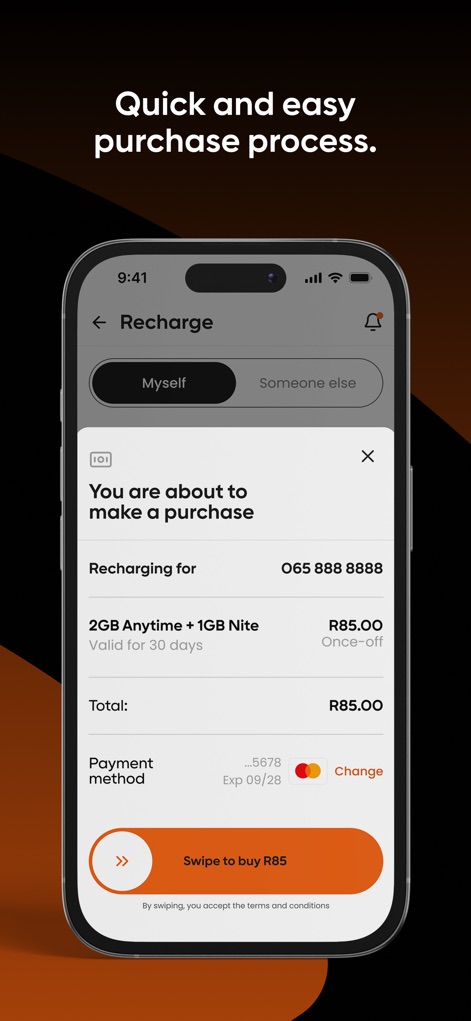 Cell C - L'application optimise le processus d'achat avec une fenêtre de confirmation claire affichant les détails de la "Recharge pour" et un mécanisme de "Glisser pour acheter R85" pour finaliser la transaction rapidement et en toute sécurité.