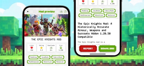 Mods for Minecraft PE ㅤ - Cada mod cuenta con una página de vista previa detallada, mostrando una imagen del 'Epic Knights Mod' y estadísticas clave como su rating y número de descargas, informando a los usuarios antes de la instalación.
