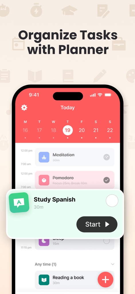 Focus Keeper - Pomodoro Timer - Esta vista permite a los usuarios organizar sus actividades con una clara vista de calendario y ofrece la opción de iniciar rápidamente una sesión con el botón 'Start' en cualquier tarea planificada.