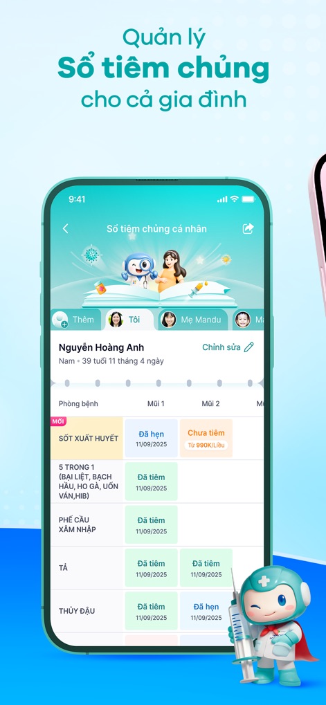 Long Châu - Chuyên gia thuốc - L'application facilite la gestion du carnet de vaccination numérique pour toute la famille, avec un suivi clair des vaccins déjà administrés et des rappels pour les futurs rendez-vous.