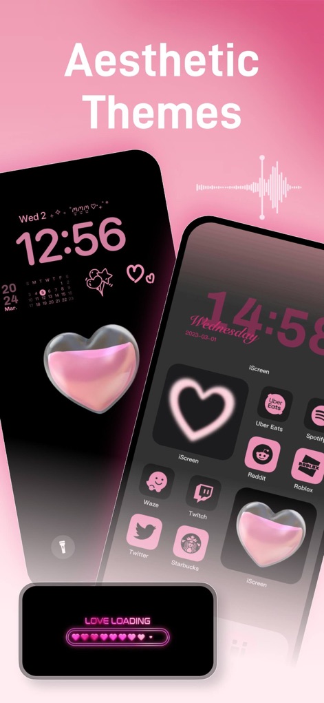 iScreen - Widgets & Wallpaper - Delve into a collection of Aesthetic Themes offering a dark mode with striking pink accents, alongside a unique charging animation and customized app icons.