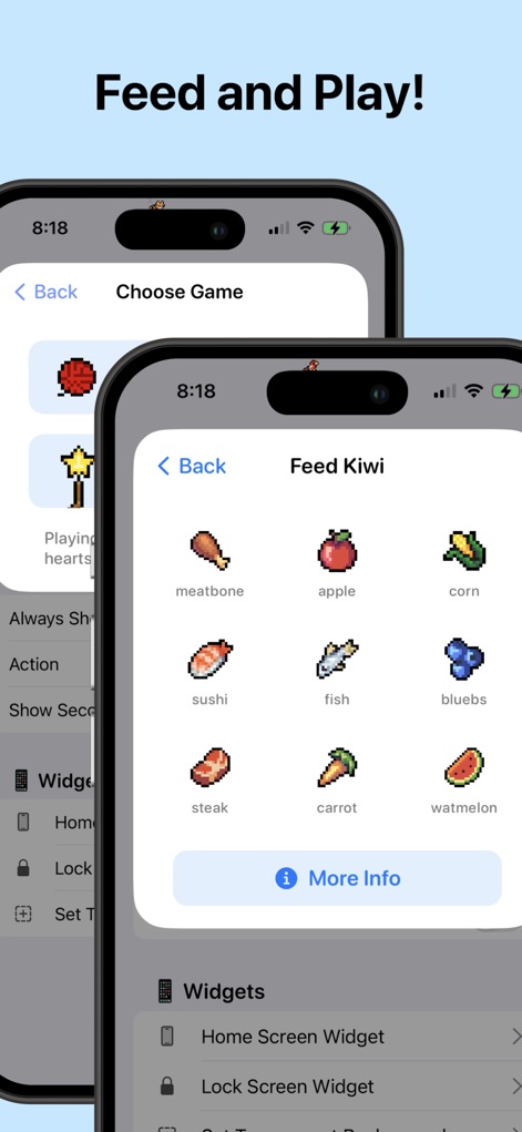 Pixel Pals Widget Pet Game - Los usuarios pueden nutrir a sus Pixel Pals eligiendo entre una variedad de alimentos en el menú de 'Feed Kiwi' y también seleccionar diferentes juegos desde la pantalla 'Choose Game' para mantenerlos entretenidos.