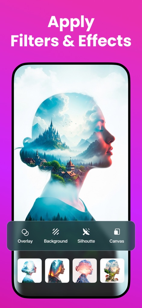 Edit Up: AI Photo Video Editor - Découvrez une gamme étendue de filtres et d'effets visuels, permettant la création de compositions artistiques complexes comme la superposition d'images et les silhouettes évocatrices.