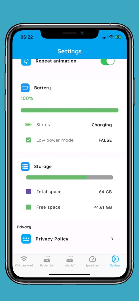 Wifi Password & Speed check - The app presents essential device information, including battery percentage and detailed storage usage.